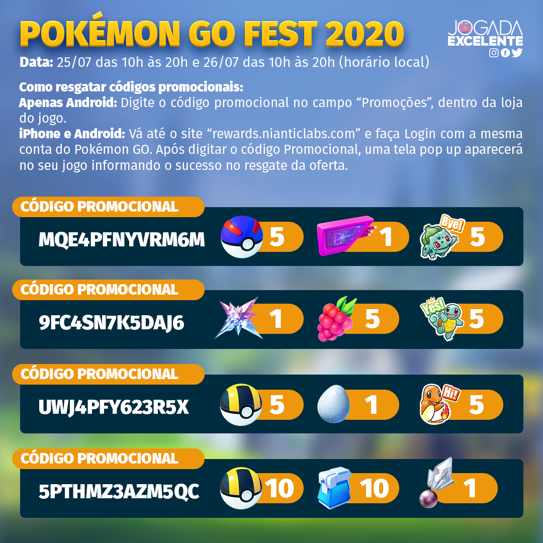 Jogada Excelente on X: Pokémon GO: Código para resgatar a camiseta do  Campeonato Mundial para seu avatar. 4DSJTSPX4B9AH Importante! Duas  Pesquisas Temporárias também serão distribuídas durante o Mundial, mas os  códigos são
