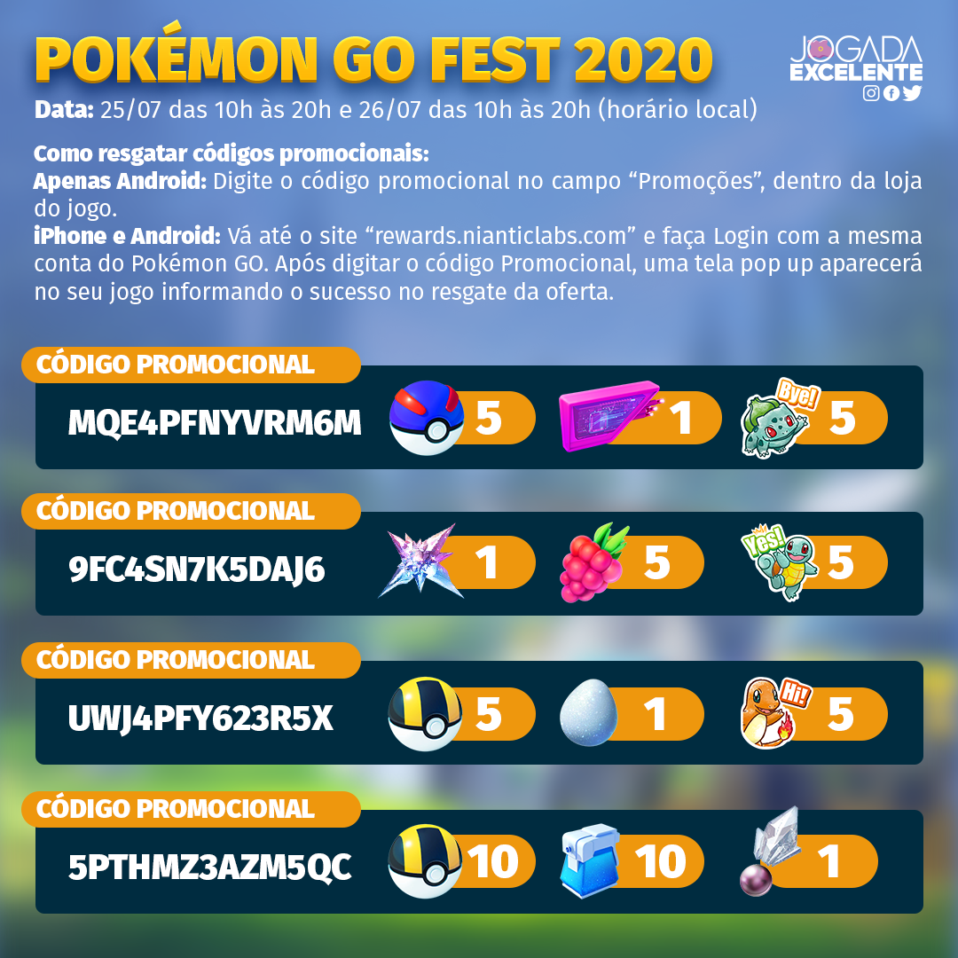 Jogada Excelente - Pokémon GO: Um novo código promocional está disponível  para resgatar 1 Incenso, 10 Pokébolas e 10 Frutas Caxí. ⠀⠀ 53HHNL3RTLXMPYFP  ⠀⠀ Como resgatar: Apenas Android: Digite o código na