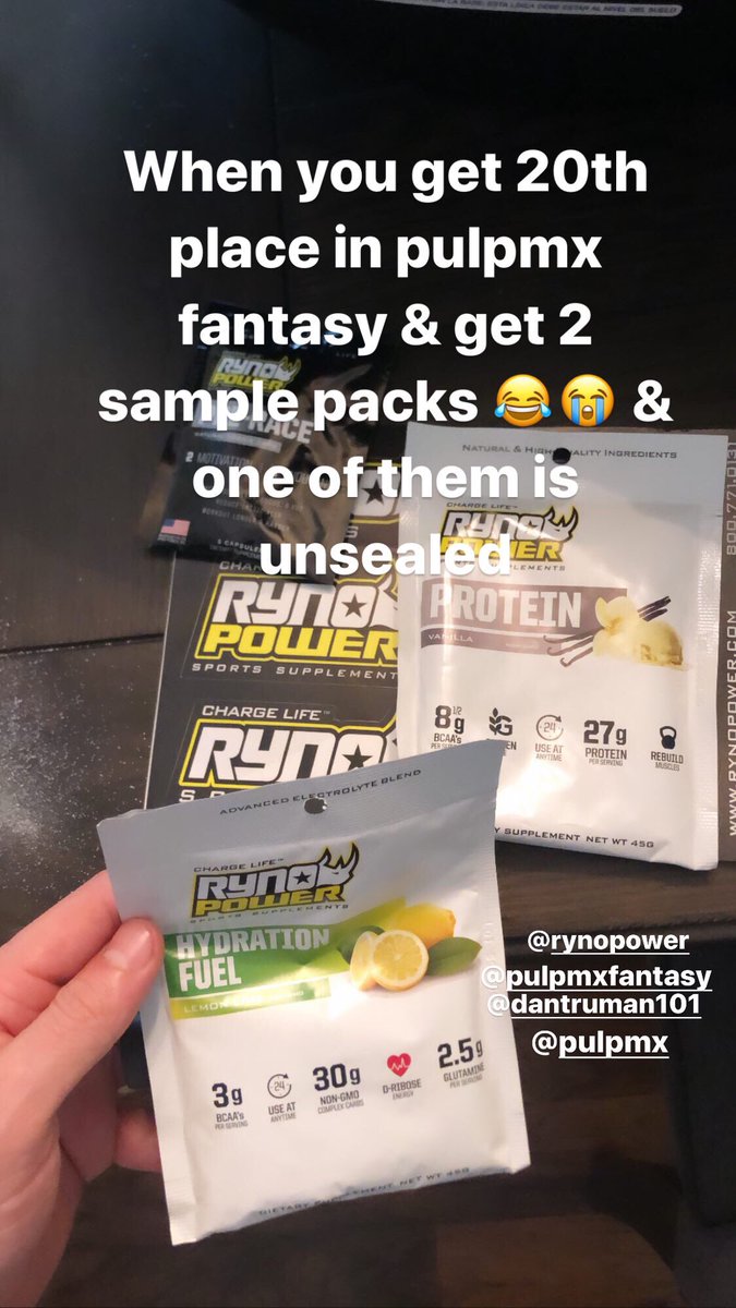 Wasn’t expecting much but I won 2 sample packs from @rynopowerlife for finishing in the top 20 of @PulpMXFantasy and a chance to send in my resume! 😂 Thanks team!! Lol #chargelife Really though, thanks for the game and show guys!  @imtravismarx @DanTruman101 @Darksidemx3 @pulpmx