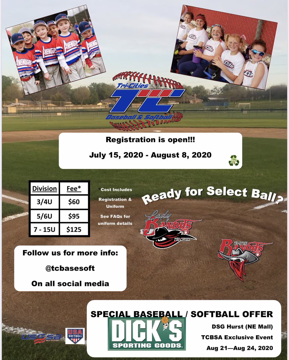 TCBaseSoft's tweet photo. Donβt forget that we have registration open on our website through August 8, 2020 for our Fall season. #TCBSA #fall2020registration https://t.co/xH9rHYffJs