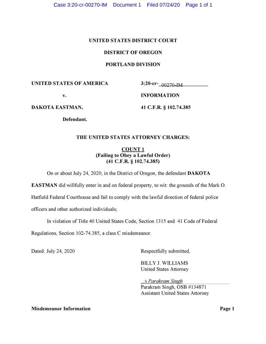 Charges filed for failing to obey a lawful order on "the grounds of the Mark O. Hatfield Federal Courthouse":  https://www.courtlistener.com/recap/gov.uscourts.ord.153754/gov.uscourts.ord.153754.1.0.pdf