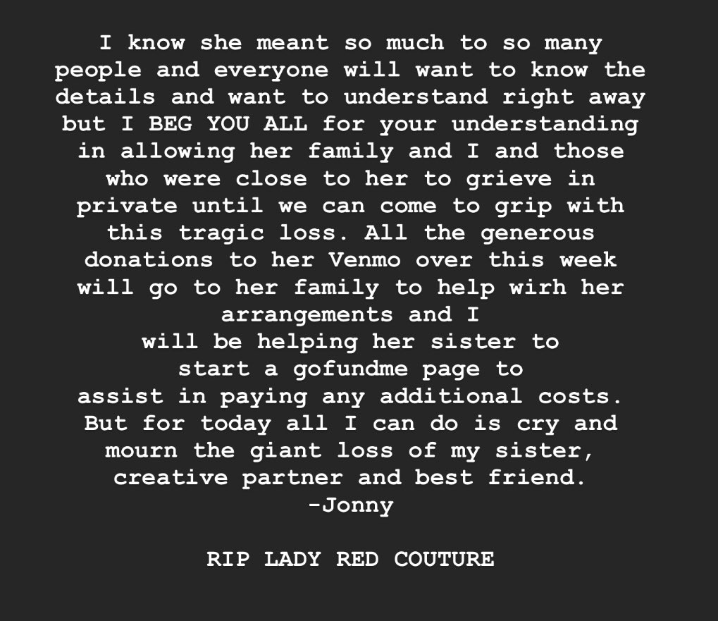 GayPimp's tweet photo. It doesn’t feel real but the beautiful light that was Lady Red is gone. #RIPLadyRed I love you baby. I will miss you everyday. https://t.co/IXBT2hhITR