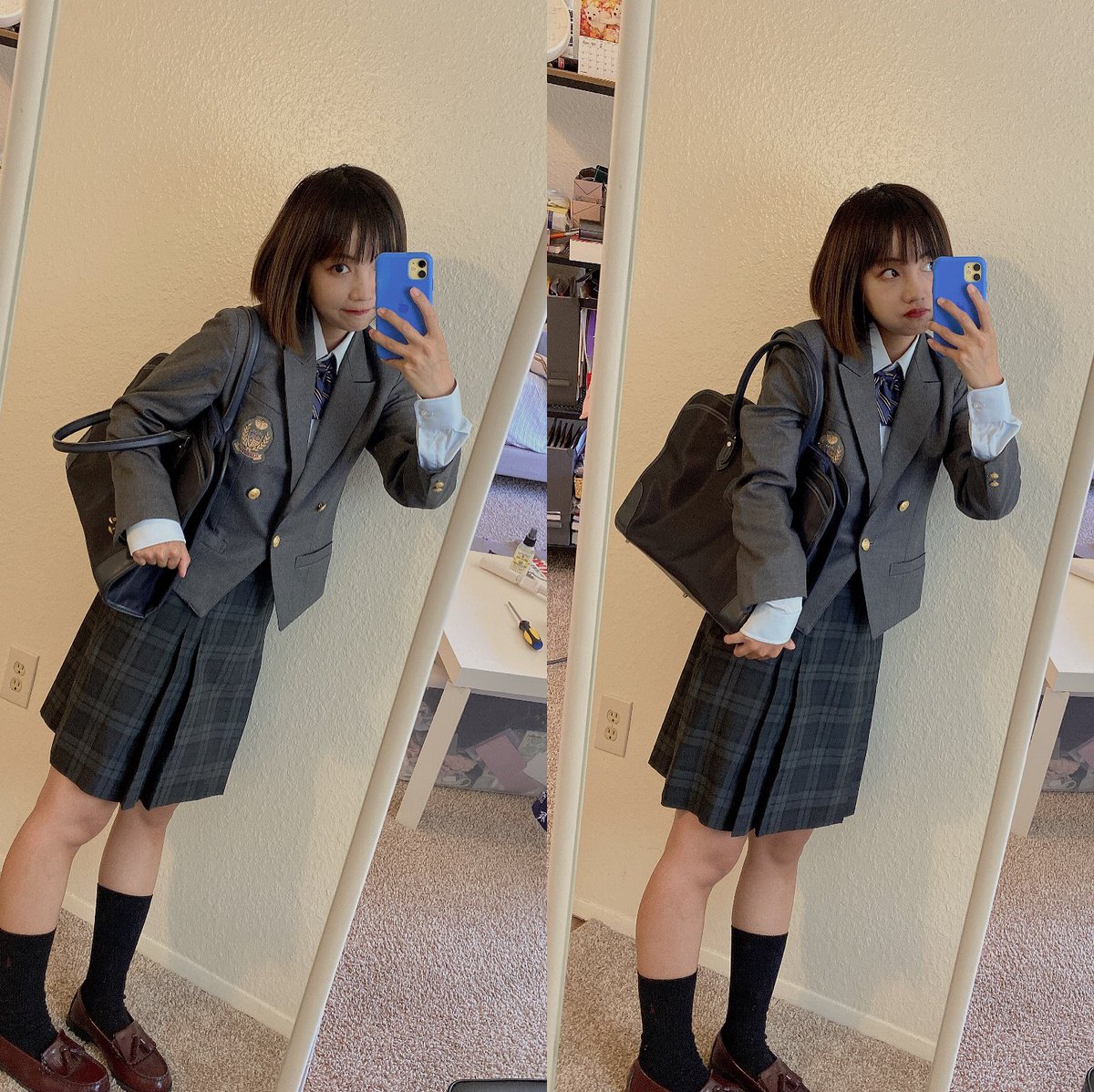春日丘高校の冬服 エンブレムがめっちゃキレイ！ 鞄は創志学園のもの