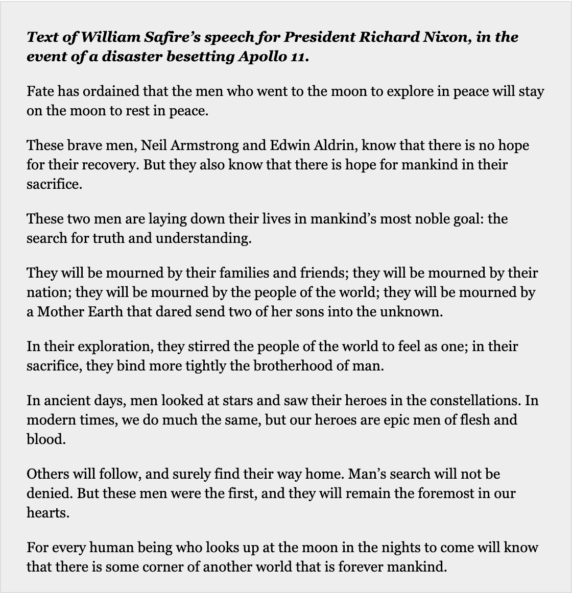 waitbutwhy's tweet photo. The speech Nixon was planning to deliver if Armstrong and Aldrin had died on the mission. (written by William Safire)

h/t @3blue1brown https://t.co/uWhxeSeWOT