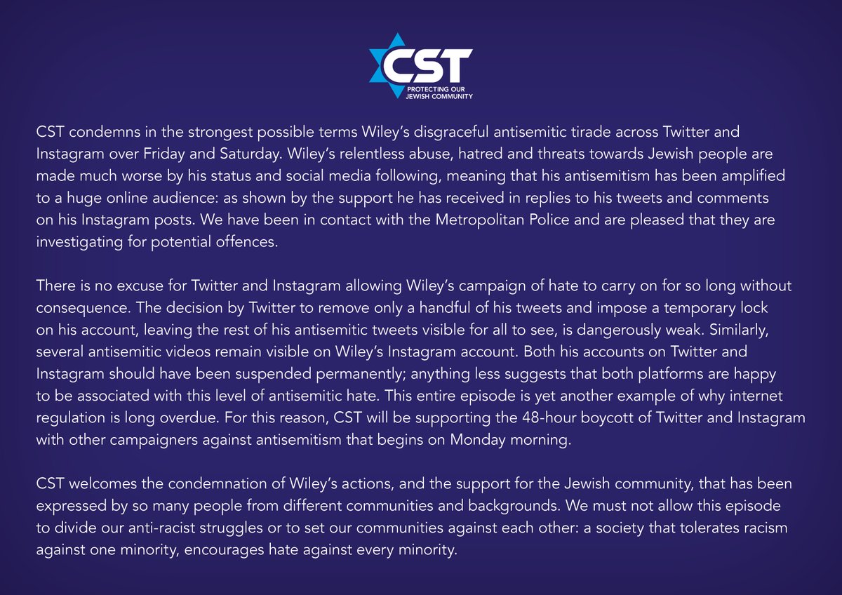 CST_UK's tweet photo. CST will be supporting the boycott of Twitter and Instagram to protest their weak action on Wiley's disgusting antisemitism. Here's our statement #NoSafeSpaceForJewHate https://t.co/5M8uzFowKi