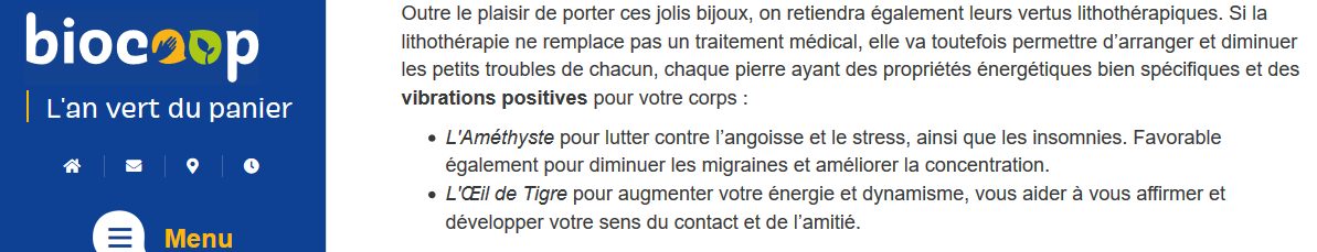 1/2Merci  @Biocoop, faire la promotion d'une  #Fakemed, on a bien besoin de ça en ce moment "La lithothérapie est une pseudoscience qui dit soigner par le biais des cristaux (cristal de roche, améthyste, citrine, aigue-marine, rubis, turquoise, etc.). Ses promoteurs...