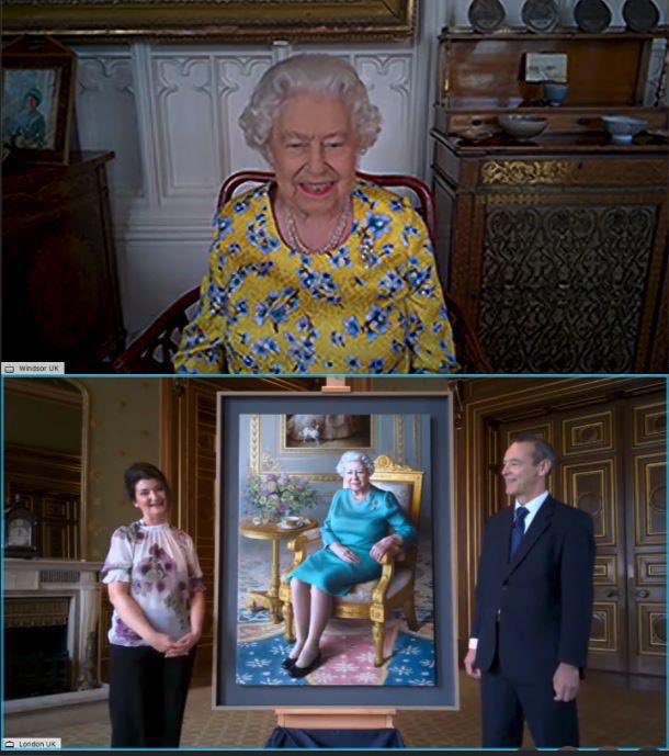  During the call, The Queen also took part in the unveiling of a new portrait of Her Majesty, commissioned by the  @foreignoffice. Unveiled at the start of the call, the portrait pays tribute to Her Majesty’s contribution to British diplomacy.