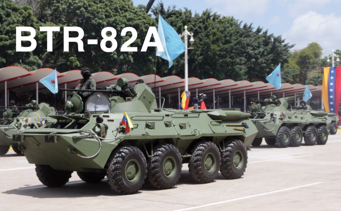 The BTR-82A is an armoured fighting vehicle, you can identify it by its 8 wheels. BTRs drive around a lot more as they have wheels, not tracks but over long distances they are still transported by trucks