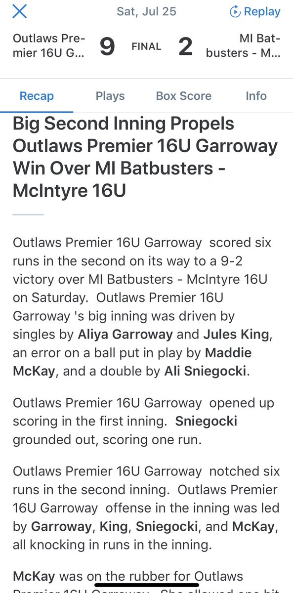 16u_Garroway's tweet photo. Final 9-2 win v Michigan Batbusters McIntyre. WP @Maddiemckay44 (2ip,2k,0er) &amp; @juliannaking201 (1.2ip,1 er). @SniegockiAli (2-3,2B,2rbi) @WenselMallory(3B,rbi) @aliya_garroway (2rbi) @abbyschellerrr (2-3,2B), @CalahanMckenna (2-3), McKay(2-3,rbi), King(rbi) @RMUSoftball @ZipsSB https://t.co/6Qm9q9B3oD