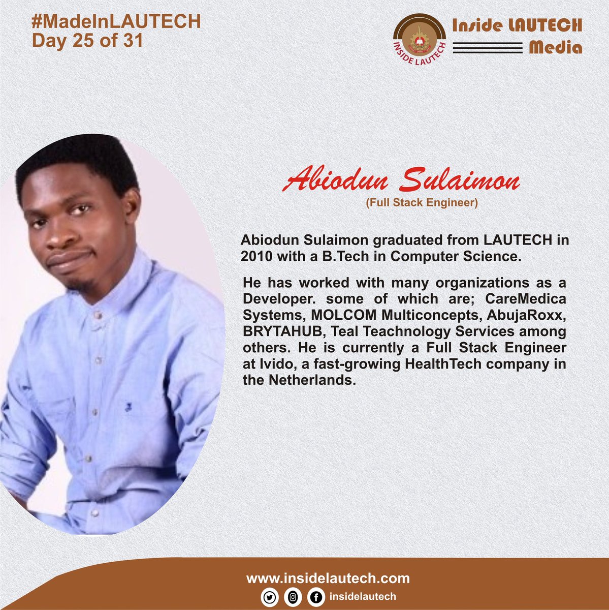NYSCbro's tweet photo. Day 25 of 31 - Abiodun Sulaimon is a Full Stack Engineer at Ivido @Ivido_PGO, a fast growing HealthTech company. He has worked as a Software / App Developer in many companies before this time. #madeinLAUTECH #insideLautech #proudlyLadokite https://t.co/4ArmaicGpO