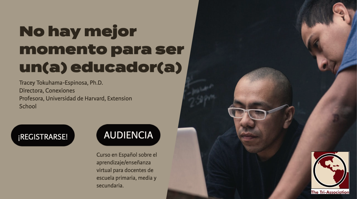 TriAssociation's tweet photo. Curso en Español sobre el aprendizaje/enseñanza virtual para docentes de escuela primaria, media y secundaria. No hay mejor momento para ser un(a) educador(a) con Tracey Tokuhama-Espinosa. Empezando miércoles 26 de agosto. Más información https://t.co/8ZCzfs09rk #triassociation https://t.co/Bs6hxDVkh8