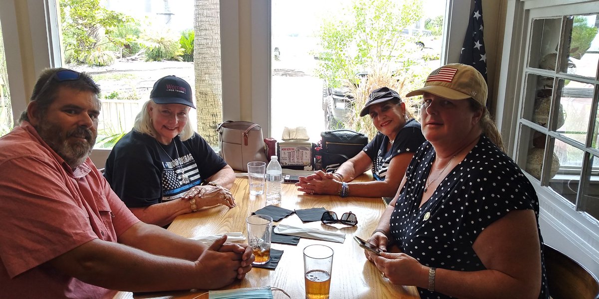 LauraCDuval's tweet photo. Volunteers  take a little down time at Back the Blue MAGA Meet Up in Fernandina all had a great time at Down Under Restaurant! #LeadRight #CAT5Cavalry #TurnDuvalRed https://t.co/31lClmkS60