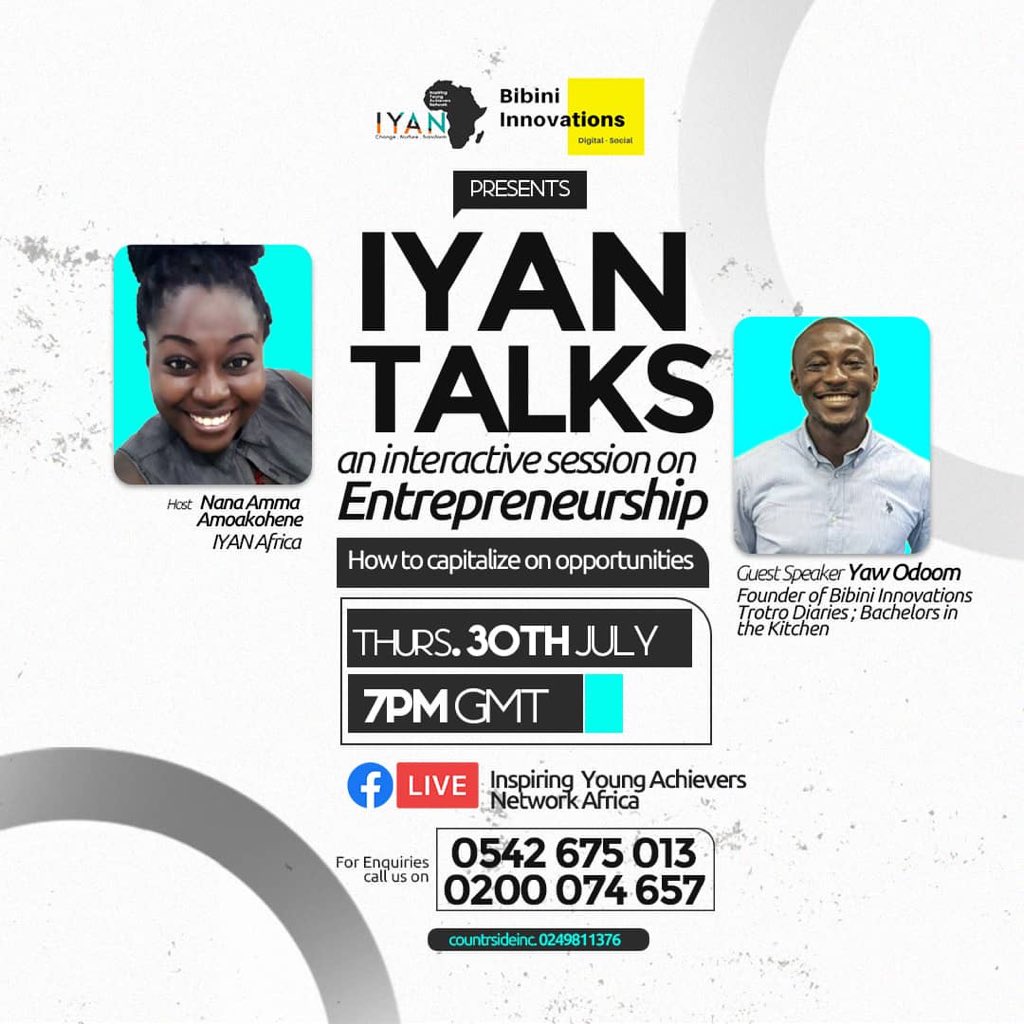 iyan_africa's tweet photo. We are glad to invite you to our “Virtual Interactive Session on Entrepreneurship: How to capitalise on opportunities” as part of our monthly virtual forum dubbed “IYAN Talks”.

Date:30/07/20
Time: 7pm GMT
Follow the link to our Facebook page to Join!

https://t.co/PZvR2AfjVL https://t.co/xwSIsxYxus