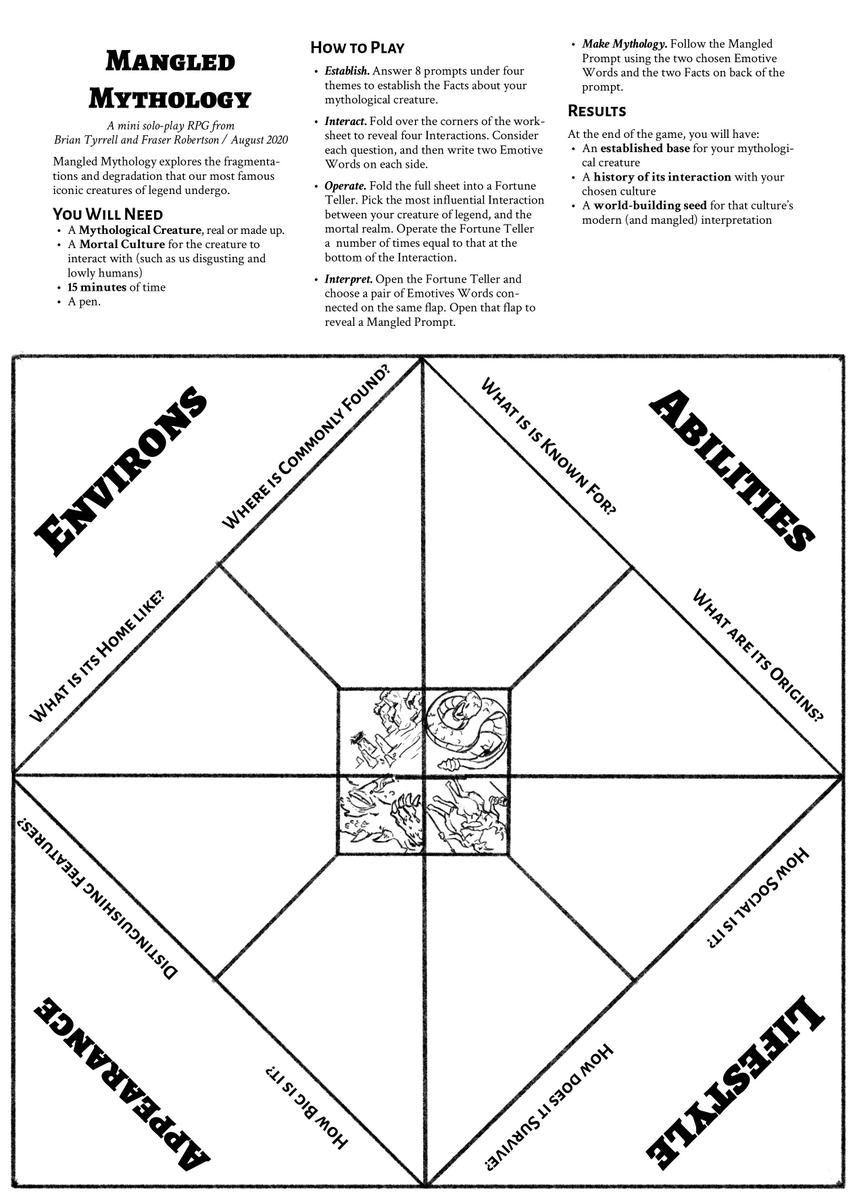 StoutStoatPress's tweet photo. .@__lostastronaut and I spent a delirious FIVE HOURS making a double sided A4 fortune-teller fold up #FreeRPGDay #zine that lets you establish the truths of a legendary creature, and see how its history crumbles into rumour. Its called MANGLED MYTHOLOGY https://t.co/dNRUMkEHMk https://t.co/vyvggofiht