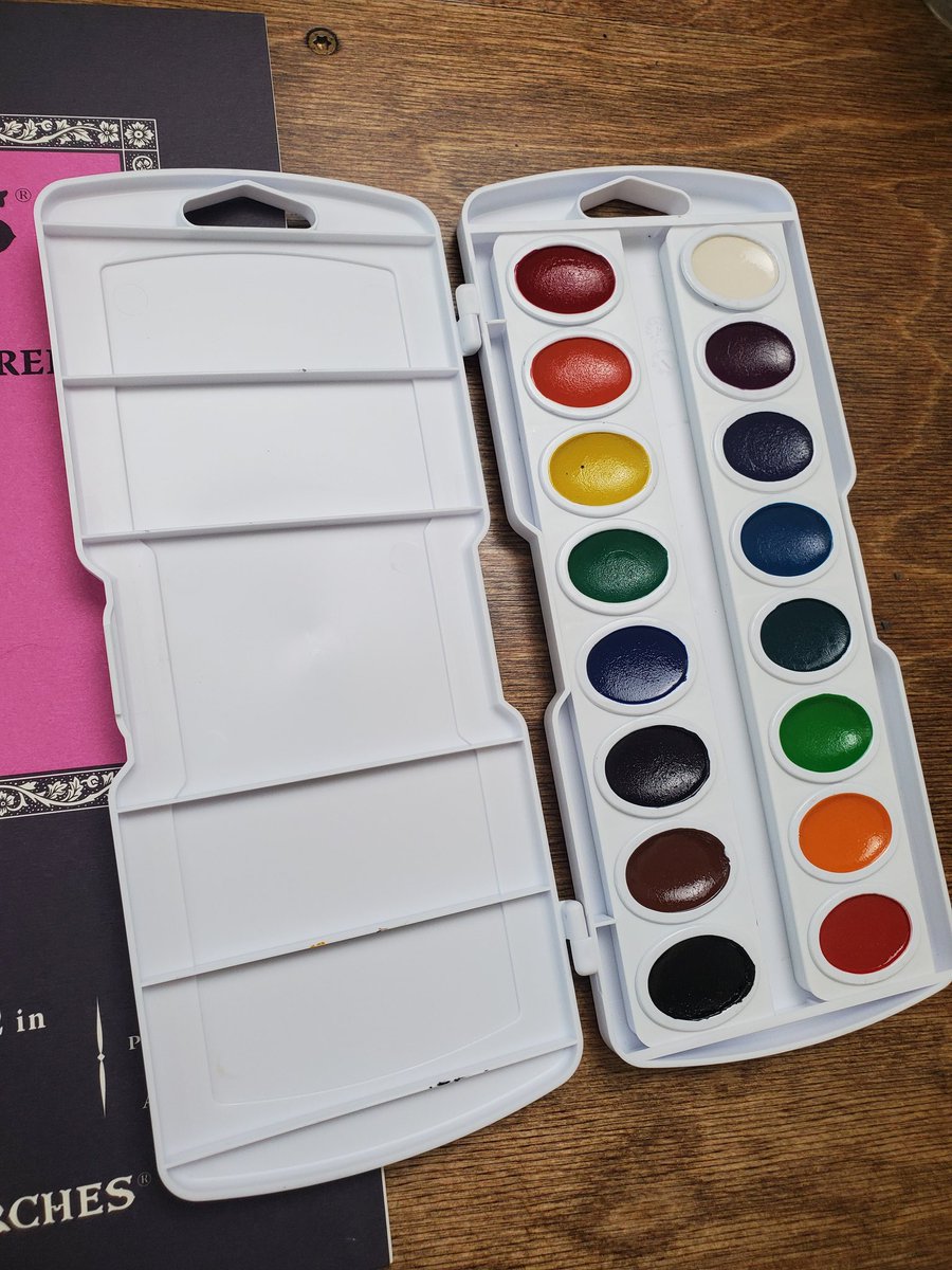 PAINT: I'm a big fan of this Prang 16 color set. I used it religiously in high school. Upsides: the price, color is very pigmented for the priceDownsides: takes dedication and control to get smooth results, prone to streaky textures. Its imo the most accessible entry level set!
