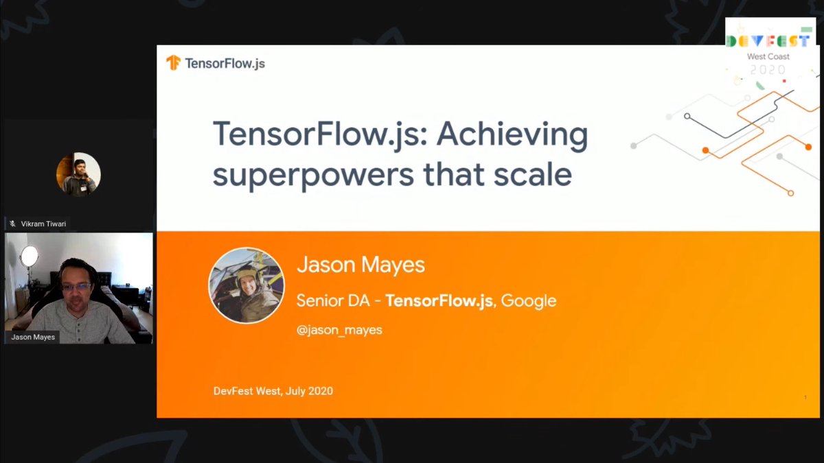 jadid's tweet image. Excited for the next presentation “TensorFlow.js: Give Yourself Superpowers that Scale in the Browser and Beyond” by @jason_mayes i want superpowers 🦸‍♂️ #DevFestWestCoast2020 #TensorFlow #DevFestStories @GDGSeattle