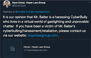 Hi  @ScherDave, the only person who has ever cyber bullied me is your client,  @UCSB_Anthro professor, Danielle Kurin. So I know that you are working with an expert on cyberbullying, harassment, and retaliation.  https://michael-balter.blogspot.com/2020/07/of-divorce-deception-and-defamation-did.html