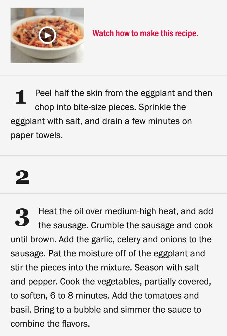 Screenshot of a recipe, clearly showing steps 1 and 3, but step 2 is just the number 2 and a blank space