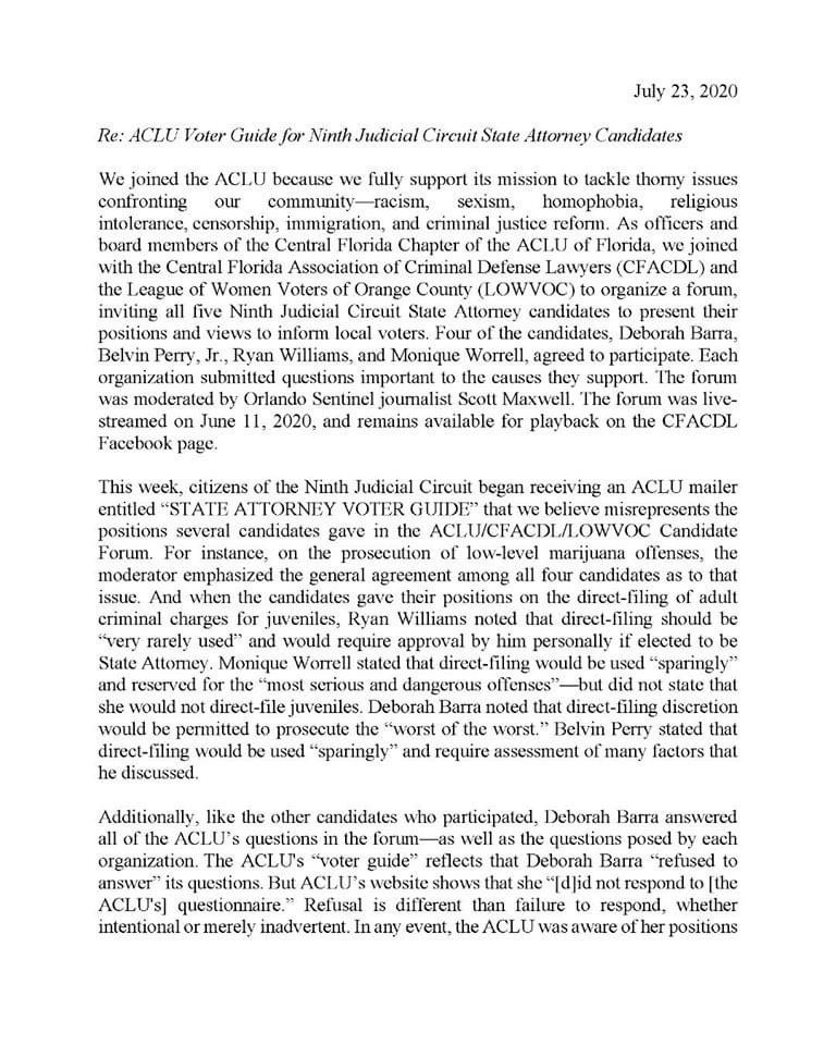 DebBarra2020's tweet photo. As a former member of the ACLU of Central Florida and someone who respects their mission, it is disappointing to see this national organization engage in dirty politics. I appreciate the local chapter of the ACLU for standing up and informing voters that the https://t.co/0G8wnJU2vz