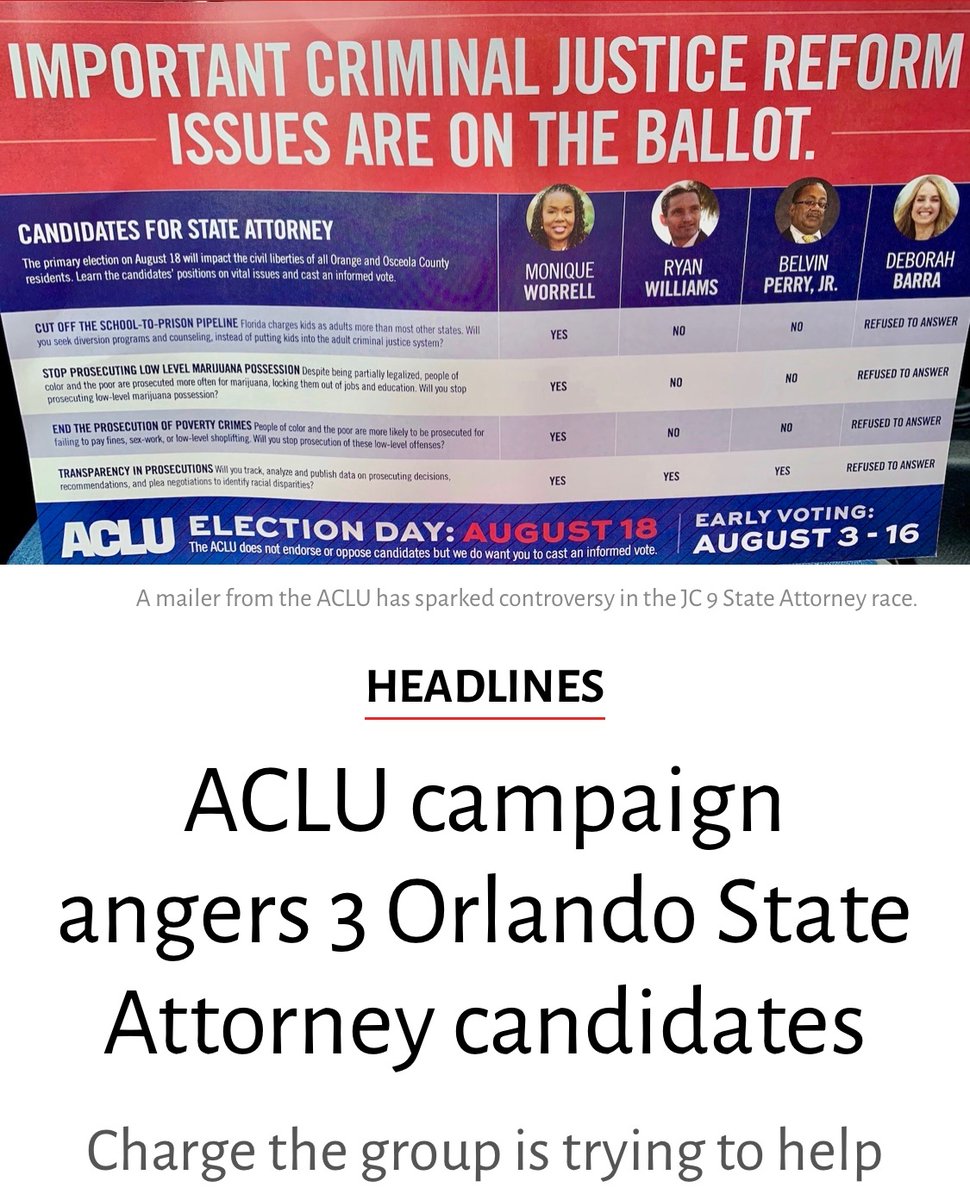 DebBarra2020's tweet photo. As a former member of the ACLU of Central Florida and someone who respects their mission, it is disappointing to see this national organization engage in dirty politics. I appreciate the local chapter of the ACLU for standing up and informing voters that the https://t.co/0G8wnJU2vz