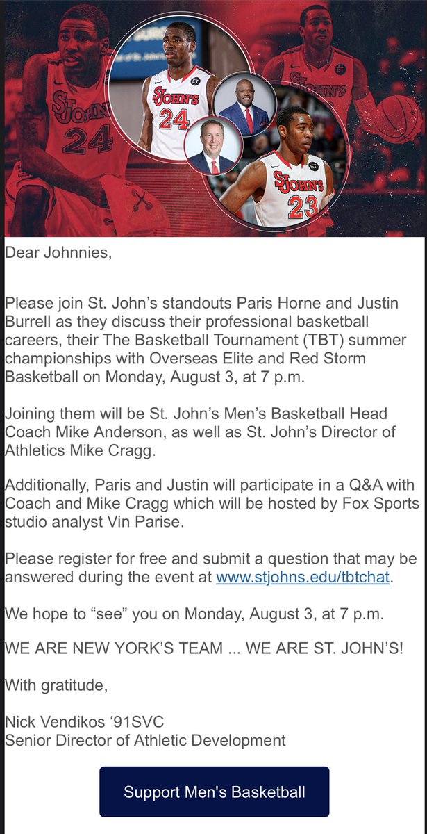NotoriousNJV's tweet photo. Attention RED STORM Nation: Join @StJohnsRedWhite @stjohnsalumni and fans for two great WebEx events! #RSVPToday #RegisterforParisAndJustin #sjubb #sjumgolf #sjuwgolf #expecttowin #everygiftcounts #joinredwhite #askmeaboutchampionpartners #JohnniesLegends https://t.co/rH2fej4tn5