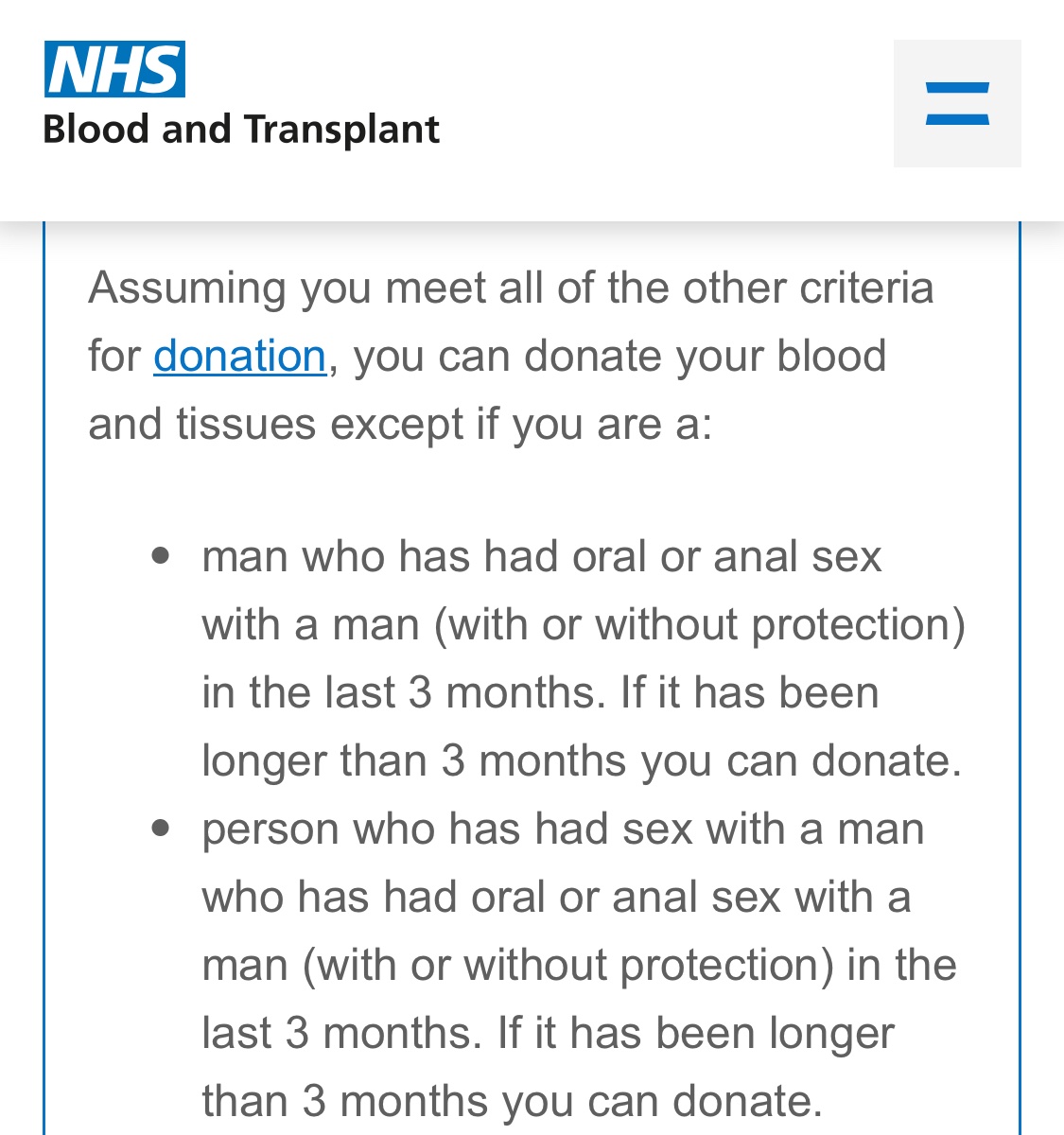 lj080967's tweet photo. @ceresisaplanet @_ayrtonnn @madmarchheather It kind of does cover that too. If you you had a male partner who had a male partner in the last three months you would be deferred. https://t.co/zlMRgMG2kx