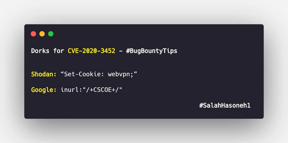 SalahHasoneh1's tweet image. 🛡️ Dorks for CVE-2020-3452 🛡️

#cybersecurity #infosec #ethicalhacking #bugbounty #bugbountytips #bugbountytip #hackerone