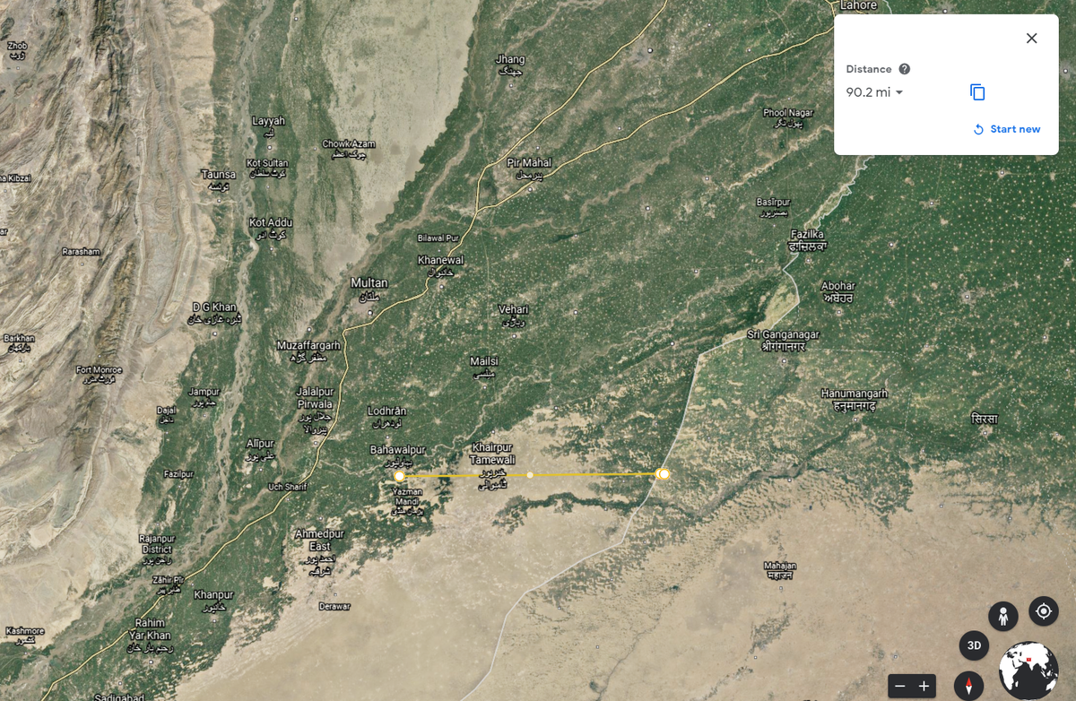 Now, when you measured the distance of Bahawalpur, Pakistan on parallel line with the boundary of India. The Chinese are roughly 100 miles away from the Indian border of Rajasthan.