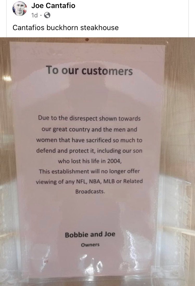 dhookstead's tweet photo. Cantafio's Buckhorn Steakhouse in Wisconsin won’t play NFL, NBA and MLB games on TV because of the national anthem protests and “disrespect shown” to America.

The owner’s son Ryan was killed in Iraq in 2004.

They’re taking a stand in honor of their child. Bless his sacrifice. https://t.co/WRp20n5eyS