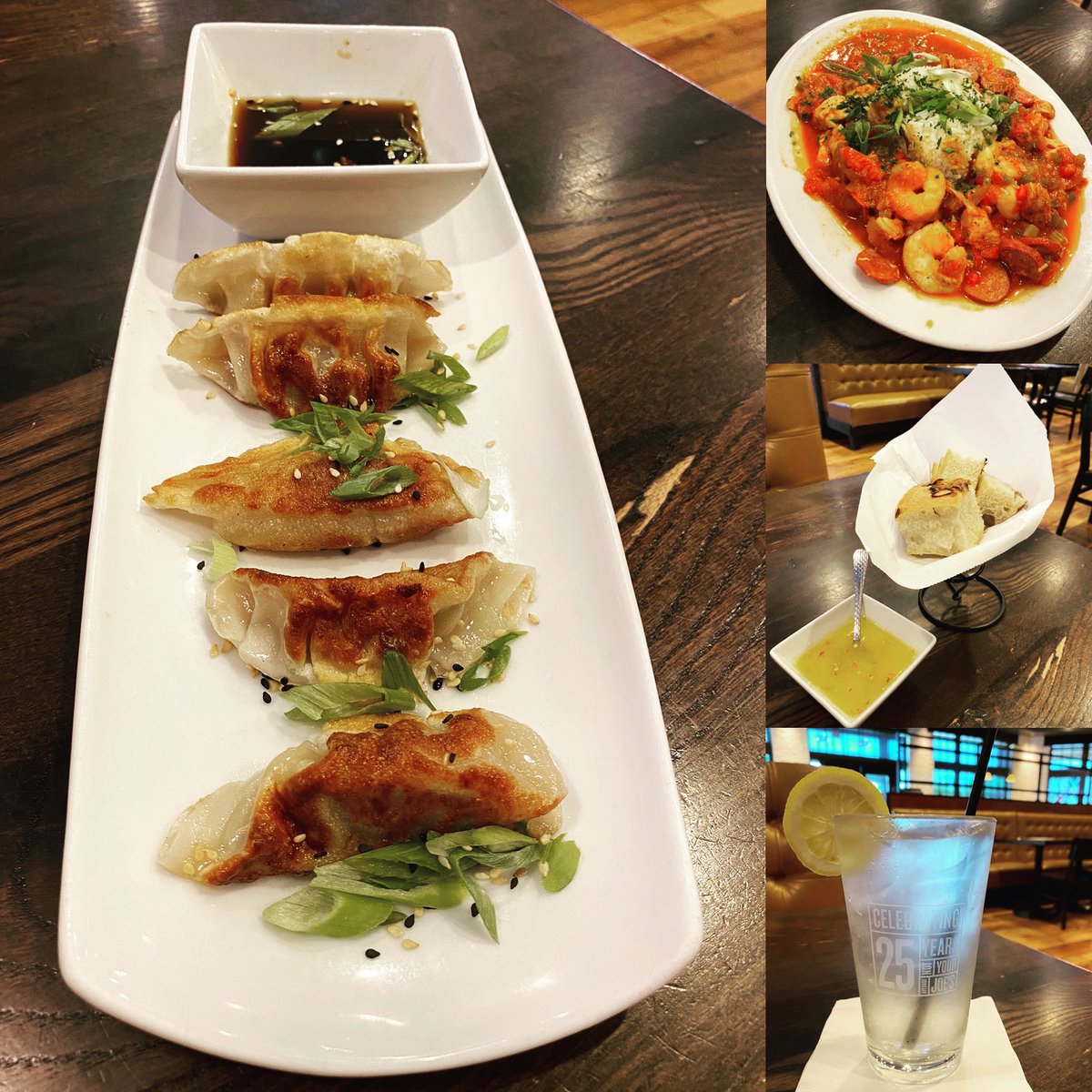 Chicken dumplings 🥟, creole jambalaya 🌶 and bread with Parmesan olive oil 🌿 <a href="/NYAJoes/">NotYourAverageJoe's</a>