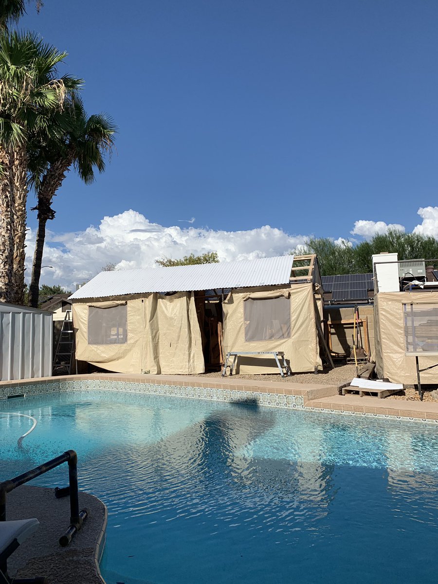 New roof going on the wood tent. Using some free roofing I got last winter. Hopefully it holds up to the ridiculous Phoenix temperatures.
#hot #humid #miserable #wood #shed #tent #plasticroof