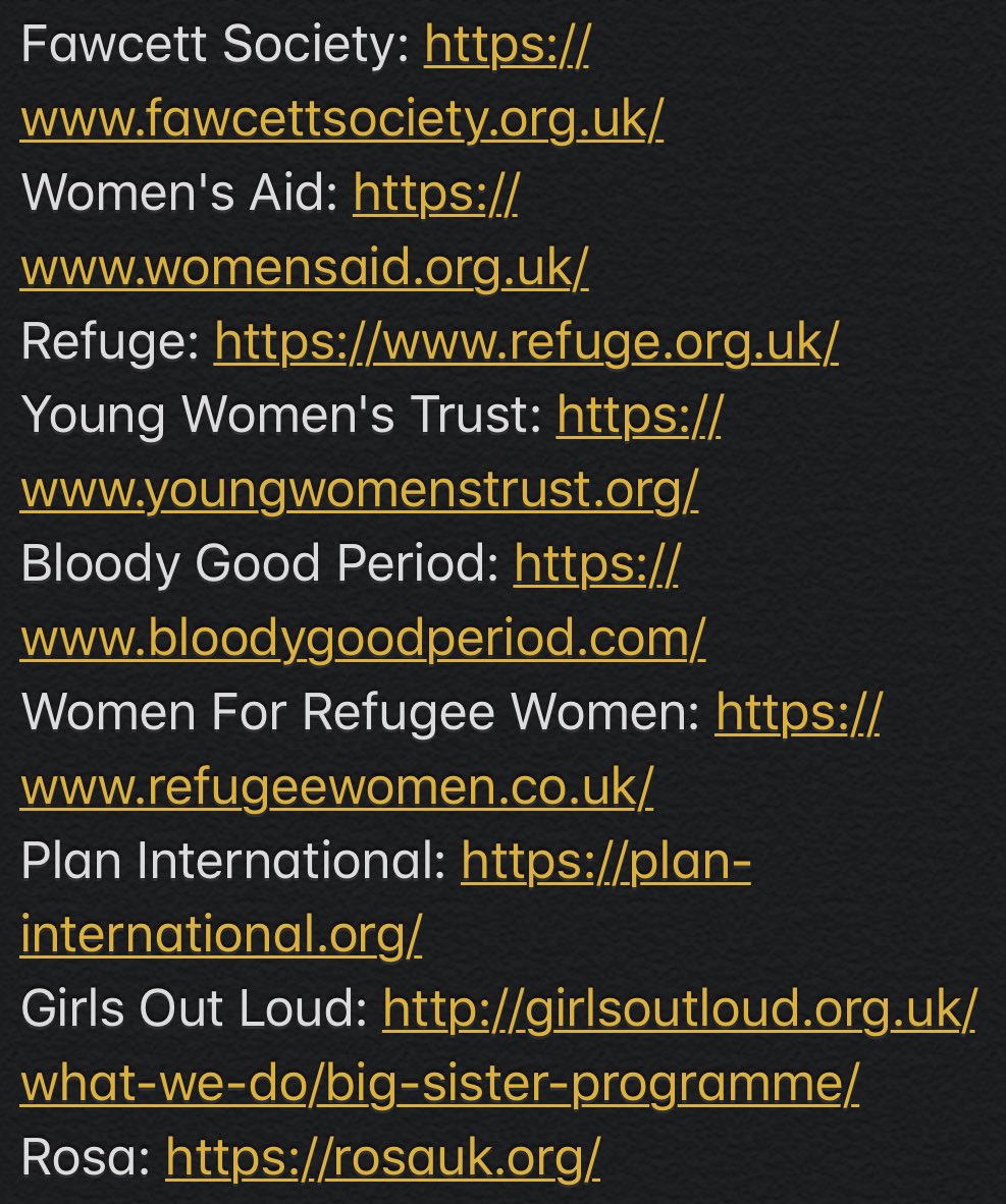Whilst we’re all here, here is a list of amazing women’s charities that you can get involved with   @fawcettsociety  @womensaid  @RefugeCharity  @bloodygood__  @girlsoutloudorg