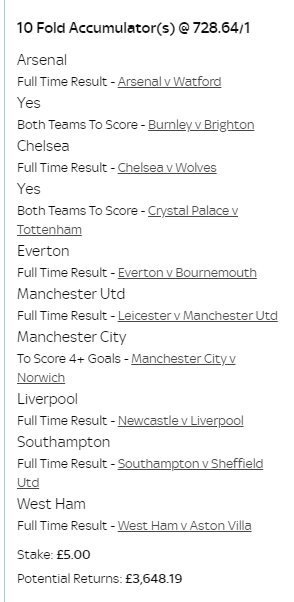 BadTipster's tweet photo. Last round of Prem fixtures so thought I would have a small wager to have an interest whilst watching. My #PREM10 paying @ 728/1 is attached https://t.co/MUeuRzCk2J