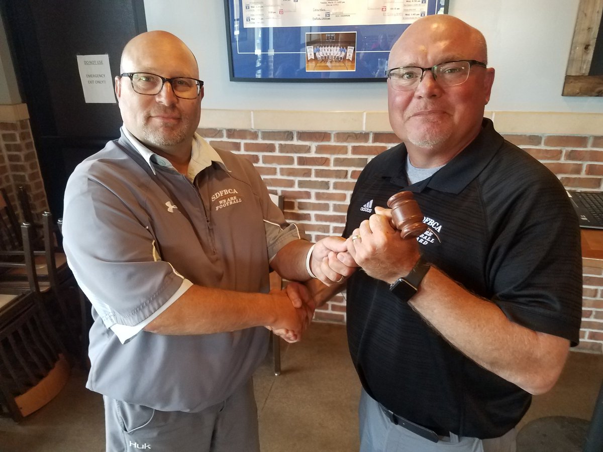 SoDak Football Coaches Association (@sdfbca) on Twitter photo Hooray for Steve Gilbertson passing the gavel to Kent VanOverschelde of Mitchell <a href="/KernelFootball/">Kent VanOverschelde</a> today at our annual meeting
Past President to Current President of <a href="/sdfbca/">SoDak Football Coaches Association</a>
Coach VanOverschelde is a great guy who loves to learn with our clinics & celebrate the student athletes! Hooray for Steve Gilbertson passing the gavel to Kent VanOverschelde of Mitchell <a href="/KernelFootball/">Kent VanOverschelde</a> today at our annual meeting
Past President to Current President of <a href="/sdfbca/">SoDak Football Coaches Association</a>
Coach VanOverschelde is a great guy who loves to learn with our clinics & celebrate the student athletes!