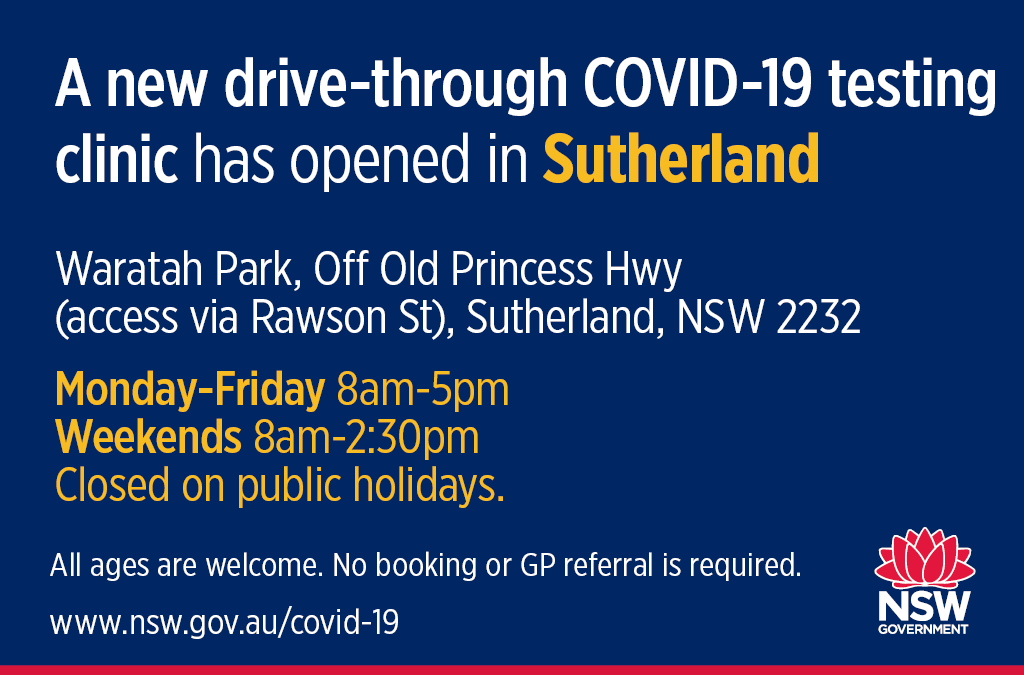 SESPublicHealth's tweet photo. LOCATION CHANGE | The Sutherland drive-through COVID-19 testing clinic  has moved to a new location near the Sutherland Basketball Stadium,  commencing  today (Sunday 26 July  2020).  #COVID19 #TestingClinic #Health https://t.co/3WjyWHm6Gf