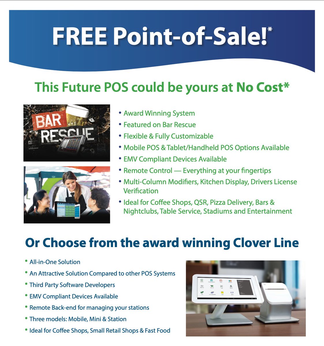ClarenceWith's tweet image. Attention! Small and mid-size businesses! “Hear-ye, hear-ye!”

Curious about a POS System, Clover System, or EMV Terminal?

Look into their benefits and usages below and inquire with us, as to how you could be eligible for one of these award winning products, at no cost to you!