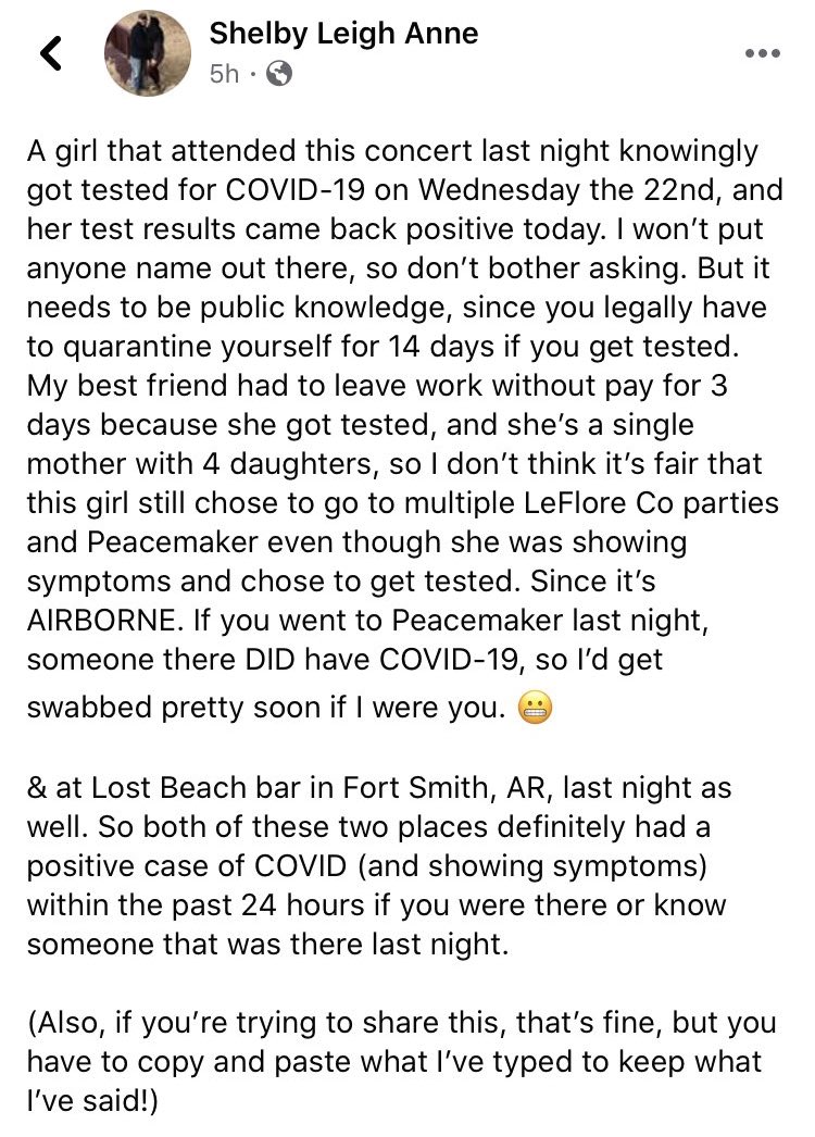 ARCOVIdiots's tweet photo. From a friend of the girl who tested positive at @Peacemakerfest... nice work everyone. 🤦‍♂️ #ARCOVIDFail https://t.co/Wy7m9WfyjR