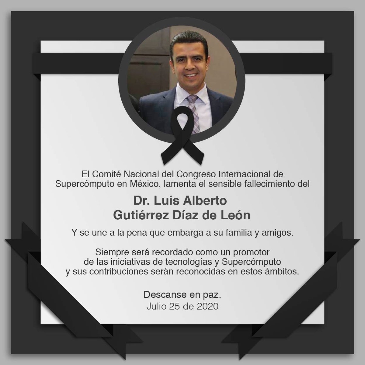 ISUM_SC's tweet photo. Con gran tristeza nos unimos a la pena por el fallecimiento del Dr. Luis Gutiérrez, gran impulsor del Supercómputo en México y en la @udg_oficial Siempre se le recordará por apoyar iniciativas como el Congreso se Supercómputo en México https://t.co/vx9tYS7Jfd