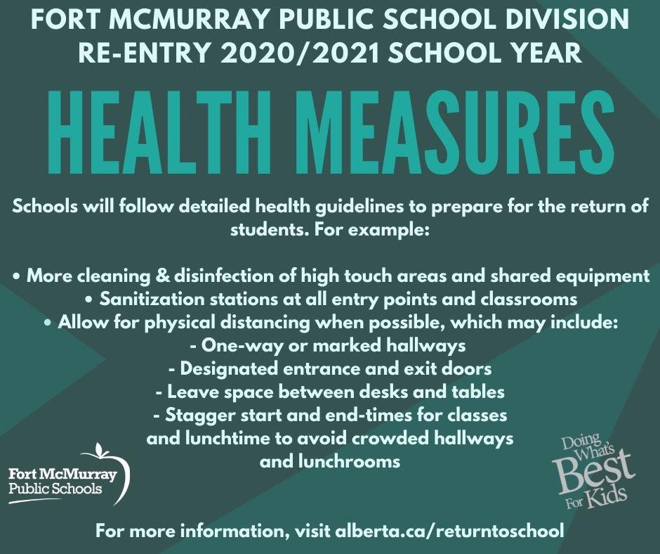 Student safety is a priority <a href="/FMPSD/">Fort McMurray Public School Division</a>. Please see below for health measures being implemented to prepare for re-entry for the 2020-21 school year. #ymm <a href="/JTurner_RPsych/">Dr. Jennifer Turner, EdD</a>