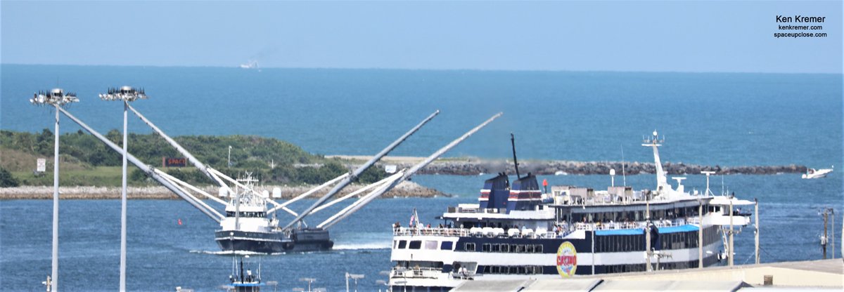ken_kremer's tweet photo. #SpaceX fairing catch ship #GoMsTree arrived back from sea trials 430PM ET @PortCanaveral! Sequence shows arriv into channel passing GamblingShip, @blueorigin pad36 & pad46 above. Then pass #GoMsChief & #Falcon9 booster #AnasisII launch. All 4 legs remain down. No leg work today https://t.co/Og4ED7YyHi