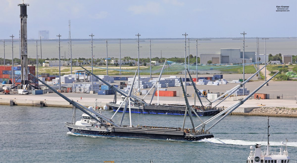 ken_kremer's tweet photo. #SpaceX fairing catch ship #GoMsTree arrived back from sea trials 430PM ET @PortCanaveral! Sequence shows arriv into channel passing GamblingShip, @blueorigin pad36 & pad46 above. Then pass #GoMsChief & #Falcon9 booster #AnasisII launch. All 4 legs remain down. No leg work today https://t.co/Og4ED7YyHi