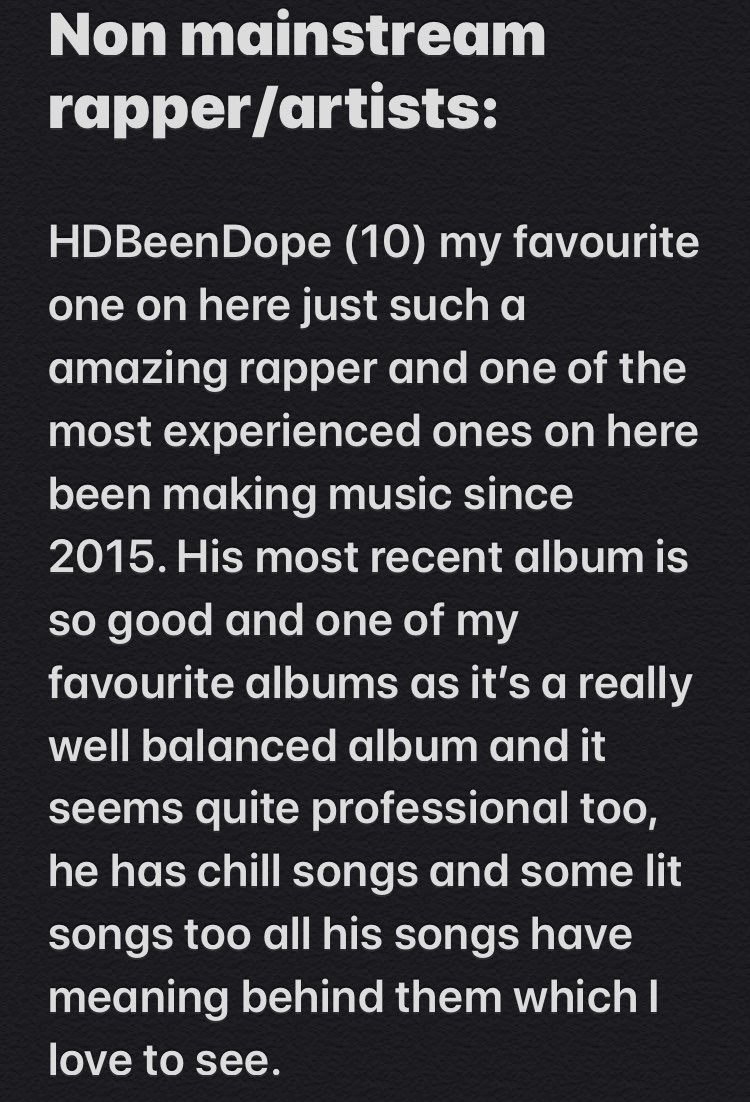 Here’s the non mainstream rapper and artists rating them out of 10 based off what I think and I’ll say out of all of them which I like the most and my favourite album. All of these rapper and artists are so talented and mainly are unknown so try and help them out through anyway.