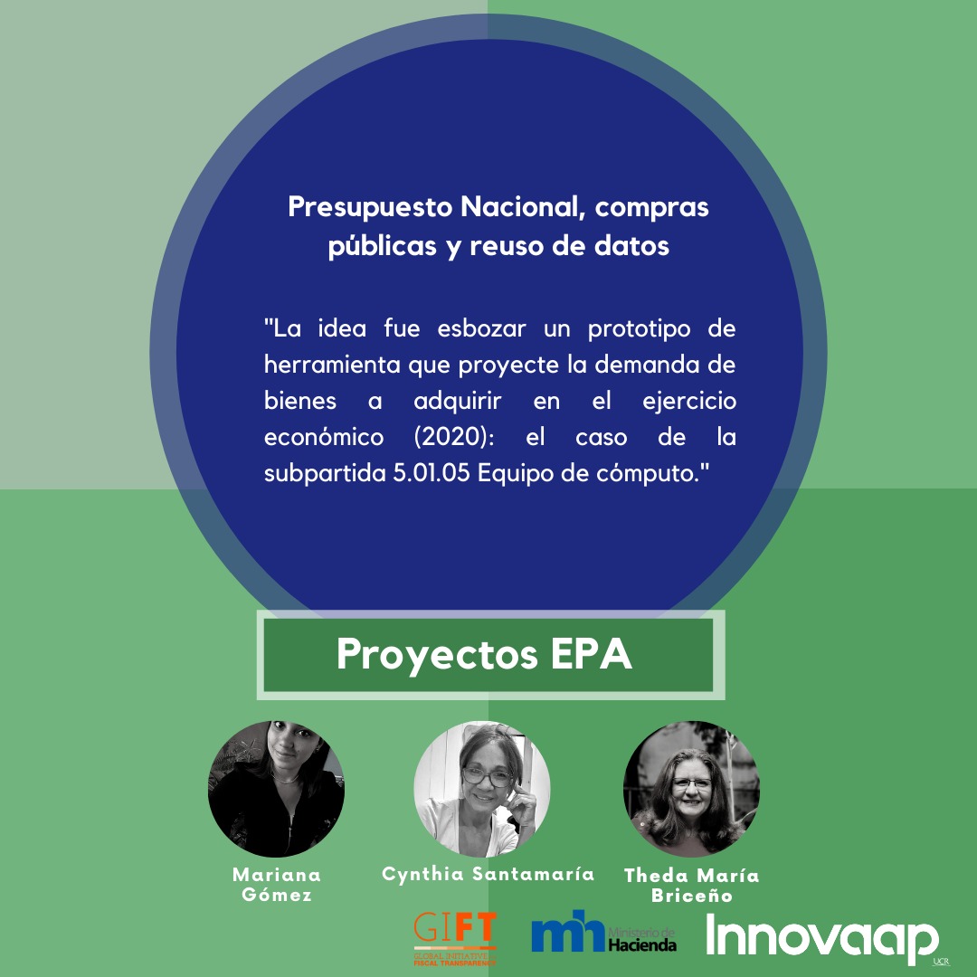ap_innova's tweet photo. Presentamos el último proyecto de la Escuela de Presupuesto Abierto y que será parte de #ExploraDatosCR.🙌🏻 Mariana Gómez Arroyo, @tmbriceno y Cynthia Santamaría presentan “Presupuesto Nacional, compras públicas y reuso de datos”. https://t.co/EOoKj4uTYf