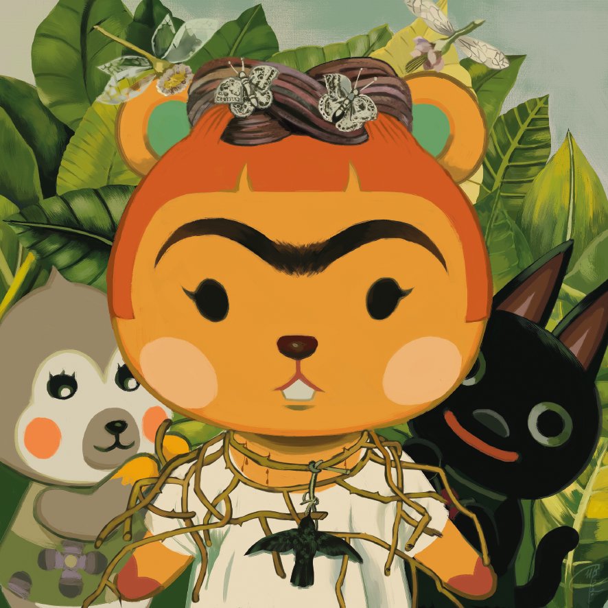 allpurposekiwi's tweet photo. i would like to share this piece i commissioned @uglyblacksmith from. hazel as frida kahlo ft shari and kiki https://t.co/Kchs87TtZh
