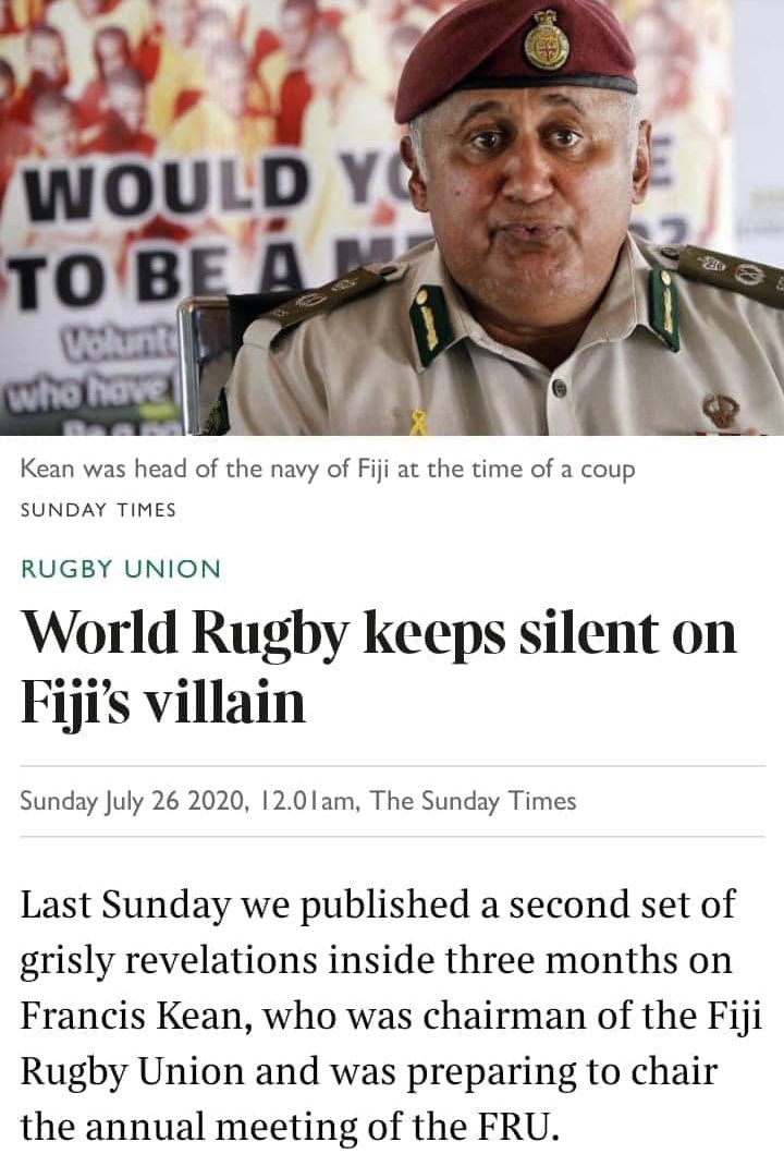 angry_kpra's tweet photo. “World Rugby keeps silent on Fiji’s villain”
Another brilliant piece by @stephenjones9, senior rugby correspondent at UK’s @TimesSport.
Please share widely coz you won’t find any op-eds like these in #FijiNews.
#StopRapeFiji
#CleanRugby
#KickOutKean https://t.co/hhUydo6AnU