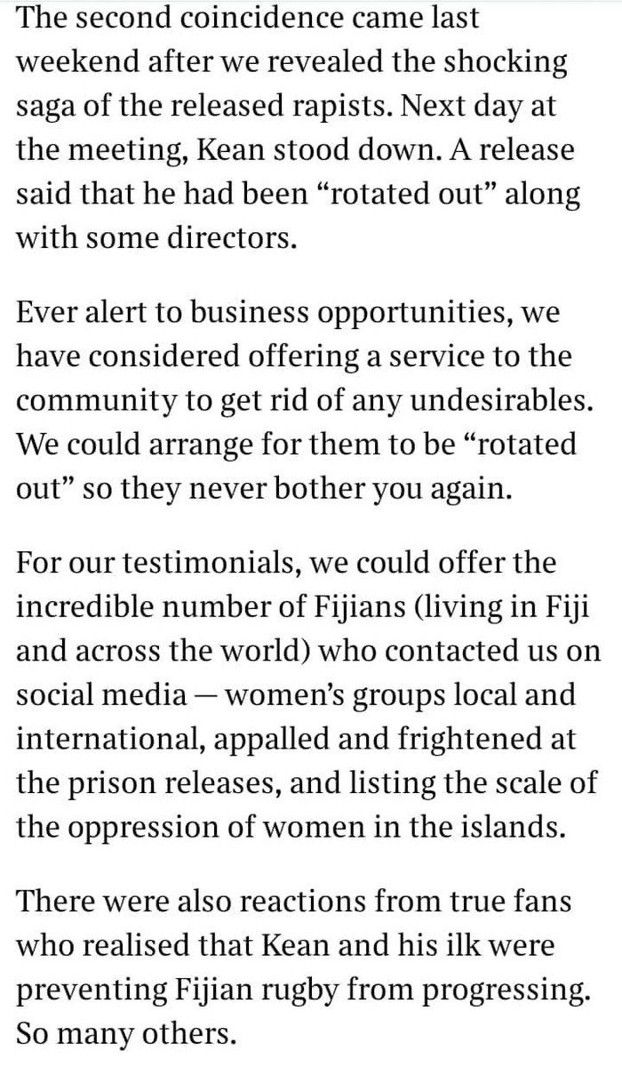 angry_kpra's tweet photo. “World Rugby keeps silent on Fiji’s villain”
Another brilliant piece by @stephenjones9, senior rugby correspondent at UK’s @TimesSport.
Please share widely coz you won’t find any op-eds like these in #FijiNews.
#StopRapeFiji
#CleanRugby
#KickOutKean https://t.co/hhUydo6AnU