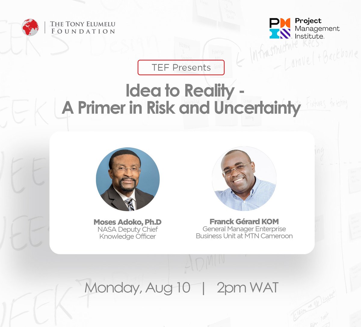 PMInstitute's tweet photo. Explore uncertainty, #risk, and the tools for navigating them in your #projects with our next masterclass with @TonyElumeluFDN, “A Primer in Risk and Uncertainty,” on 10 August https://t.co/4StsttpinO #career #careerdevelopment https://t.co/2zUriE1jI7