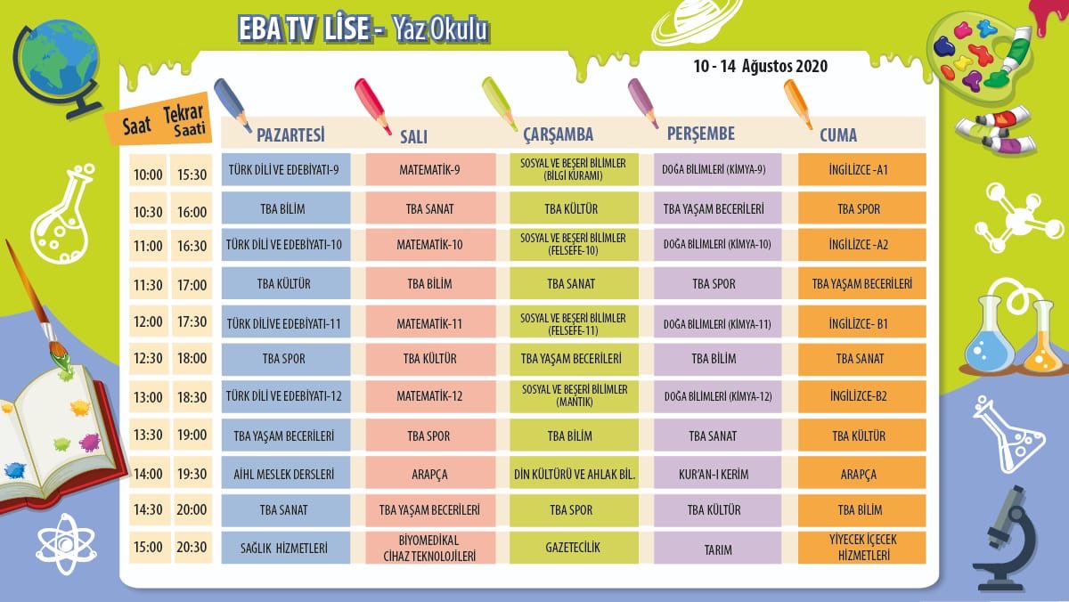 📺TRT EBA TV

☀️Yaz Okulu’nda Bu Hafta

İşte; öğrenci, öğretmen ve velilerimize özel hazırladığımız yeni haftanın programı 📝🤸🏾🧑🏻‍🔬🧑🏻‍💻

Herkesi bekliyoruz...

🗓10-14 Ağustos 2020