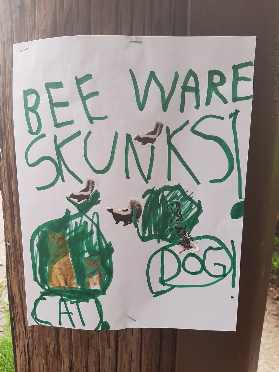 The dog got sprayed by a skunk the other night so the kids put up a sign to warn the neighborhood. #eastendwatertown