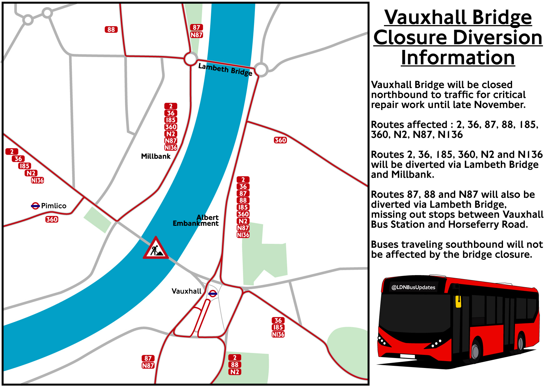Bus 185 Route Map London Bus Updates On Twitter: "From 20:00 Tonight, Vauxhall Bridge Will Be  Closed For Repair Work Until Late November. Bus Routes 2, 36, 87, 88, 185,  360, N2, N87 And N136 Will